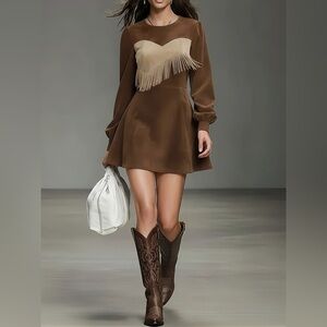 🤎 Hello Gorgeous! Fringe Trim Lantern Sleeve Mini Dress Plus Size - Brown